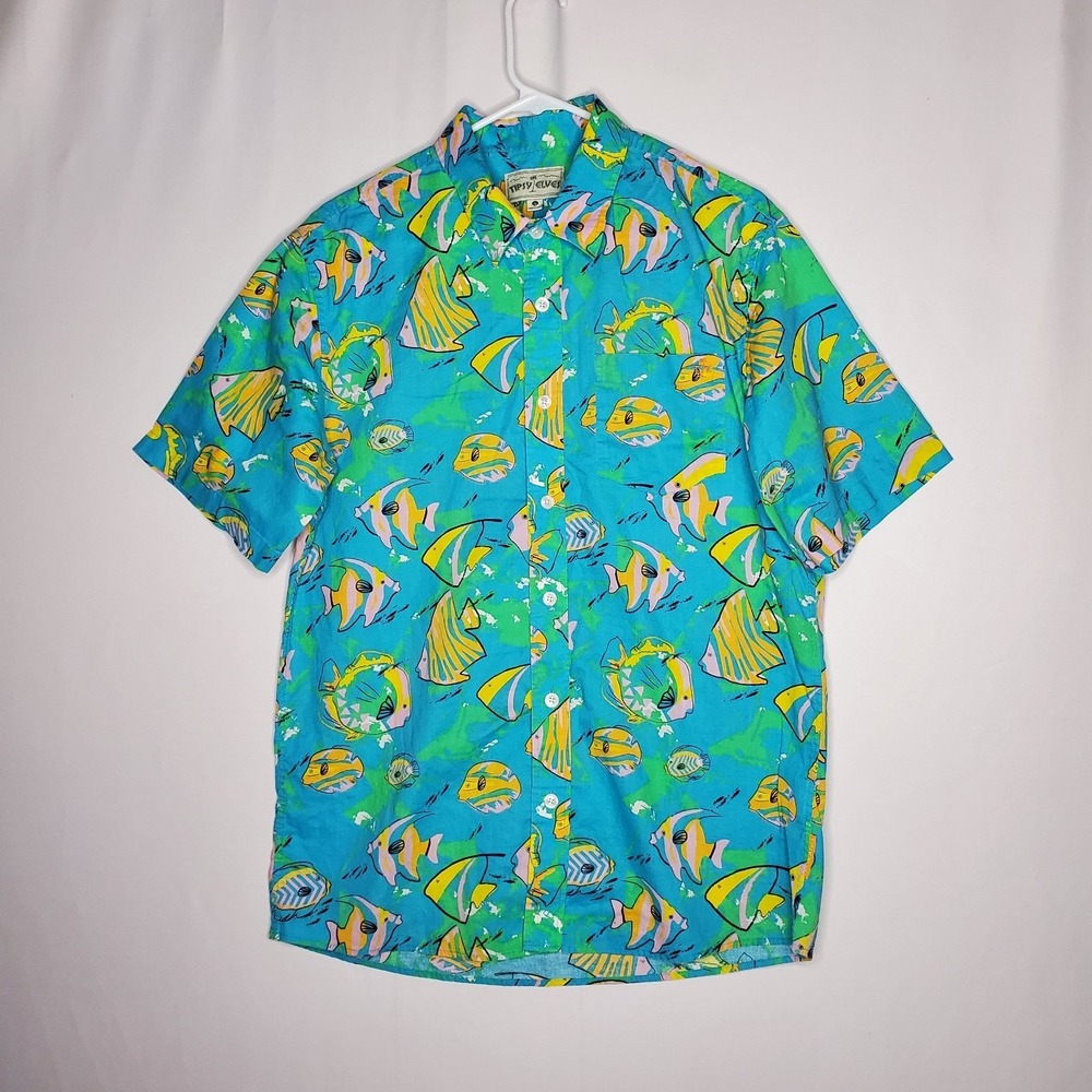 Tipsy‎ Elves Button Shirt Men Large Tropical Fish Beach Resort Cruise Hawaiian